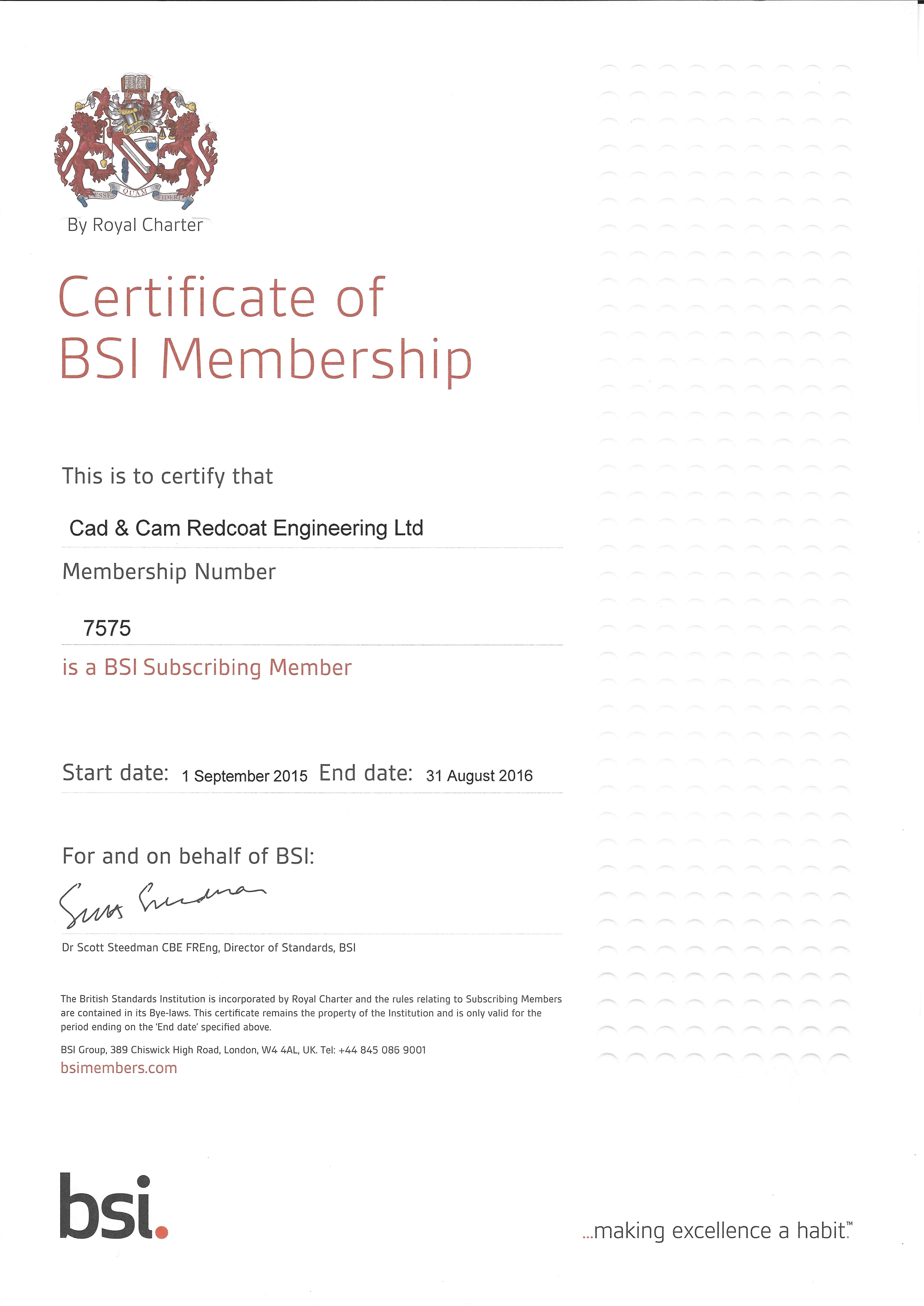 BS888 CERTIFICATE CAD & CAM REDCOAT ENGINEERING